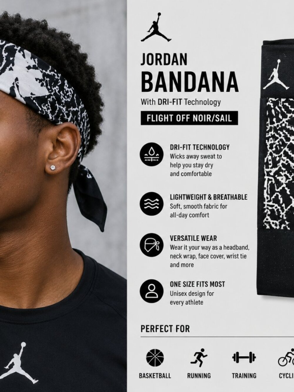 Nike Jordan Dri-FIT Bandana Black White Graphic | Unisex NWT
